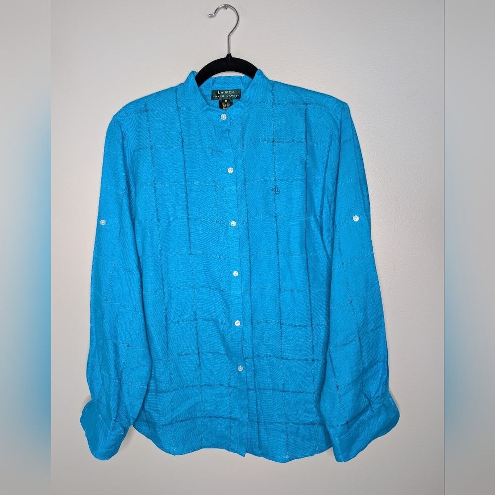 Lauren Ralph Lauren Linen Button Down Blue Teal Mandarin Collar Windowpane sz M